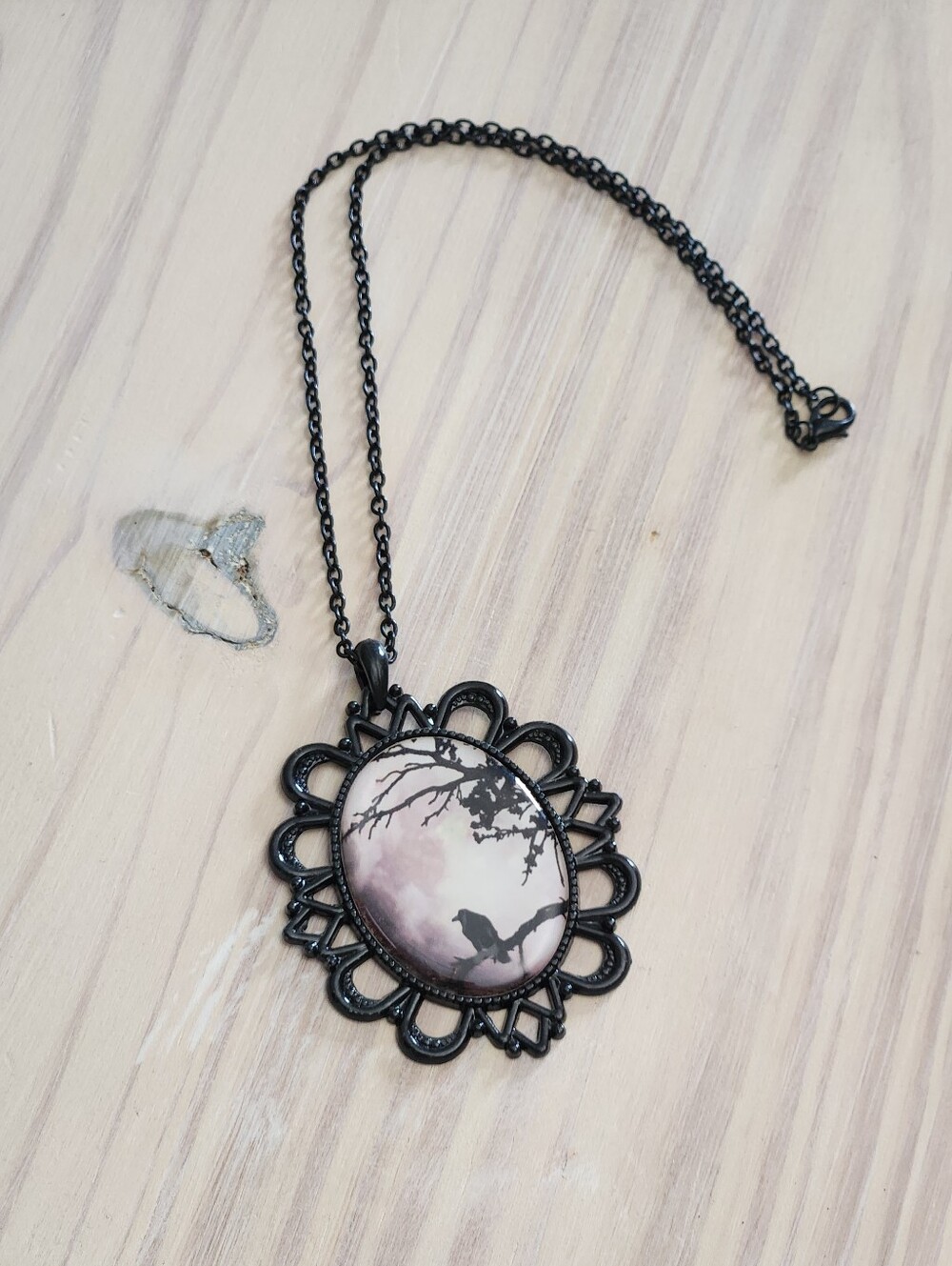 Black Ornate Gothic Bird Tree Silhouette Pendant Necklace